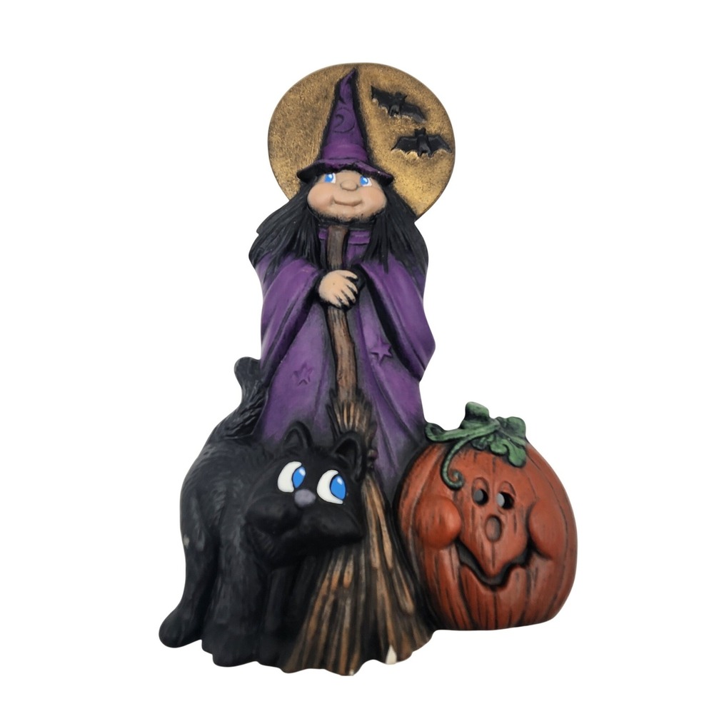 VTG Halloween Ceramic Witch Figurine Black Cat Pumpkin Moon 9.5" Whimsigoth